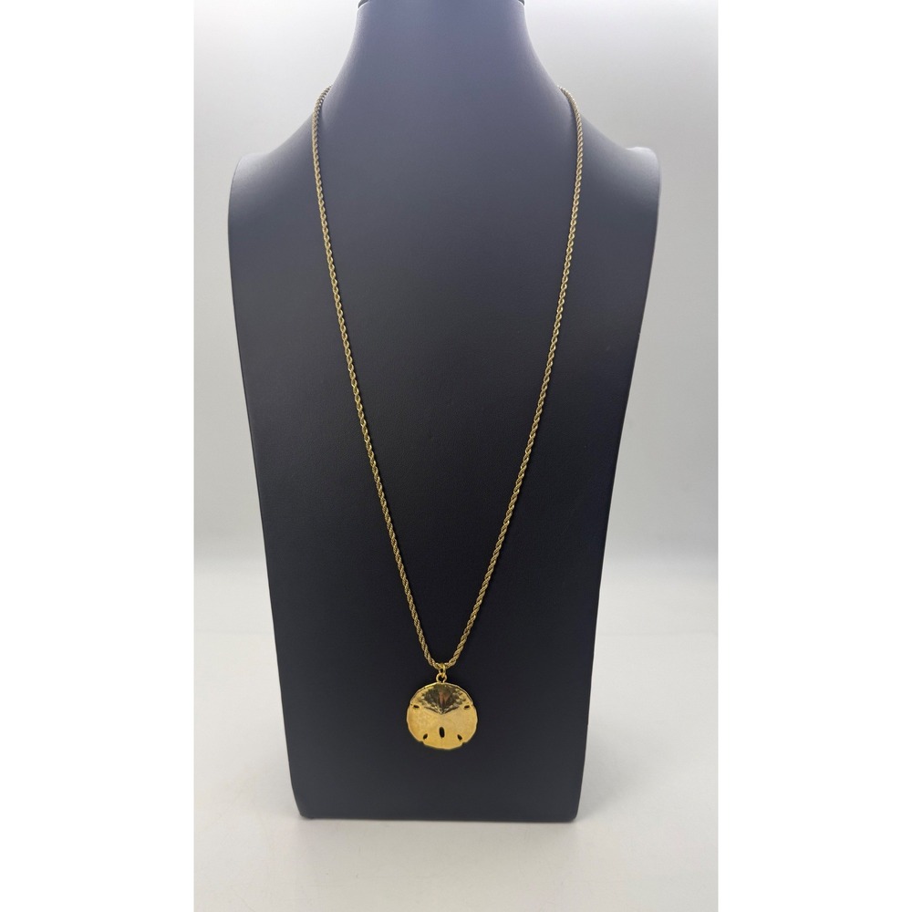 Gold Tone Textured Sand Dollar Pendant Long Rope Chain Necklace Coastal Beach